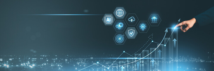 Businessman hand pointing at futuristic glowing financial graph with digital technology icons. Artificial intelligence, cloud computing, data analysis, and business growth strategy success concepts © flyalone