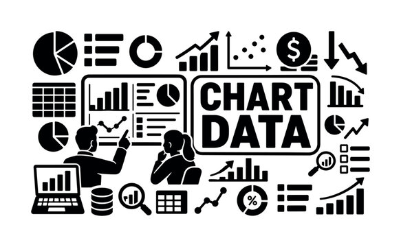 Graphs Charts Data. Solid glyph stock banner of graphs and charts graphics infographic statistics data diagrams economy reduction finance arrow business increase decrease: oversized bar chart and