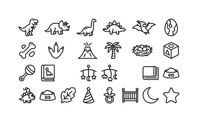 Fototapeta premium Dinosaur Nursery Pack. Line icon set of cute dinosaur objects: tyrannosaurus, triceratops, brachiosaurus, stegosaurus, pterodactyl, dinosaur egg, fossil bone, footprint, volcano, palm tree, nest, toy