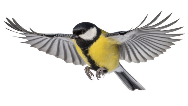 Great Tit bird in flight with wings spread