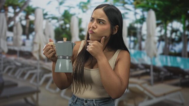 Woman holding moka pot with hand on chin, wearing ribbed sleeveless top and jeans in a poolside building; doubt decision.