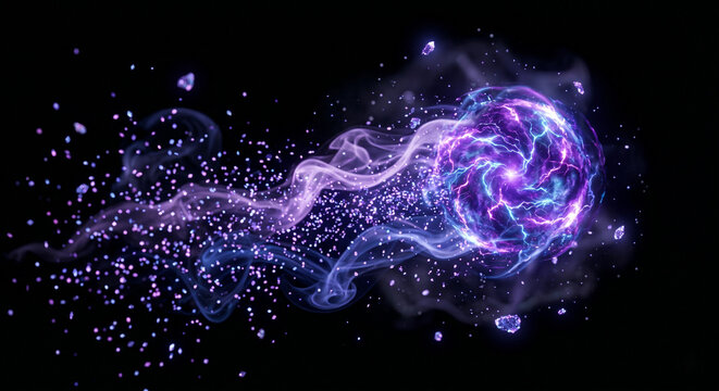 Glowing magical energy projectile with ethereal smoke and arcane trails, isolated on transparent background