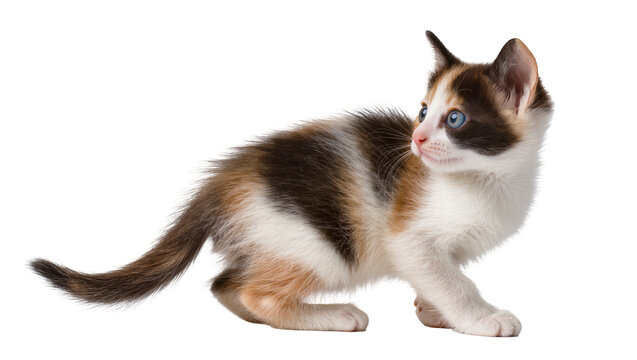 Calico kitten with blue eyes looking to the side