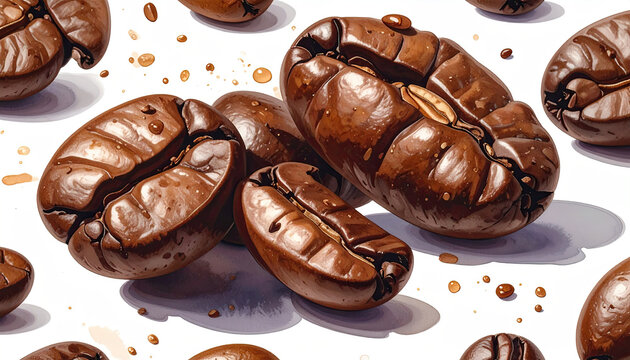 Closeup of roasted coffee beans on white background