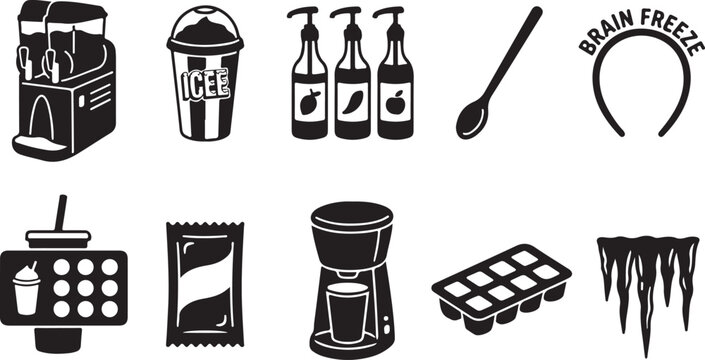 Assorted black and white beverage and kitchen featuring slushy machine, drink cup, syrup bottles, spoon, brain freeze symbol, coffee maker, ice tray, and hanging icicles