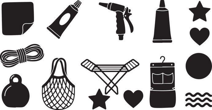 Assorted black silhouette featuring a tube, spray nozzle, rope, hanging storage, mesh bag, kettlebell, heart, star, circle, and wavy line shapes on a white background for
