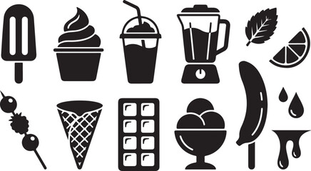 Collection of black silhouette featuring summer treats, including ice cream, frozen popsicles, a blender, fruit skewer, citrus slice, mint leaf, and chocolate bar on white background © MdAbu