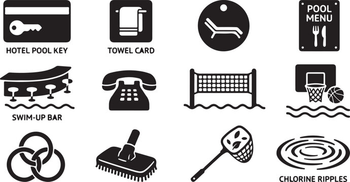 Collection of black representing hotel pool amenities including a key card, towel card, lounge chair, menu, swim-up bar, telephone, volleyball net, basketball hoop, and cleaning tools