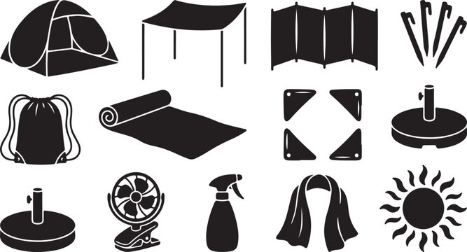 Collection of black silhouette featuring camping and beach equipment including a tent, canopy, privacy screen, ground stakes, drawstring bag, yoga mat, corner weights, and sun