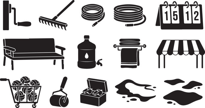 Collection of black silhouette featuring garden tools, sports equipment, water containers, a park bench, a canopy, and various abstract shapes on a white background, for web use