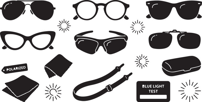 Collection of black silhouette featuring various styles of sunglasses, eyeglasses, protective eyewear, cleaning cloths, a glasses strap, a storage case, and a blue light test card