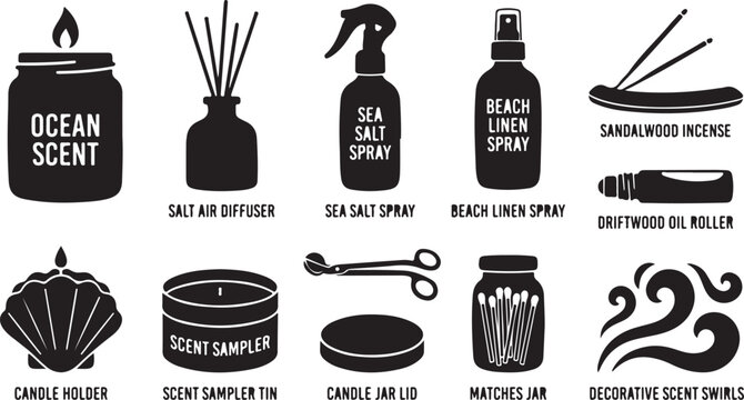Collection of black silhouette representing home fragrance products including scented candles, reed diffusers, room sprays, incense sticks, oil rollers, and candle accessories