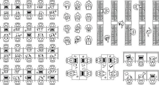 Top view of people working and studying in a library, vector illustration of students at desks and bookshelves