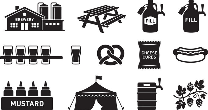 Set of black brewery and beer festival featuring a brewery building, picnic table, growler, beer glasses, pretzel, cheese curds, hot dog, mustard bottles, tent, keg, and hop plant