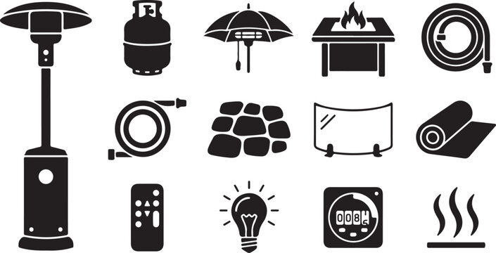 Set of black silhouette depicting outdoor heating equipment, propane tank, fire pit, water hose, stone path, glass panel, yoga mat, remote control, light bulb, and timer