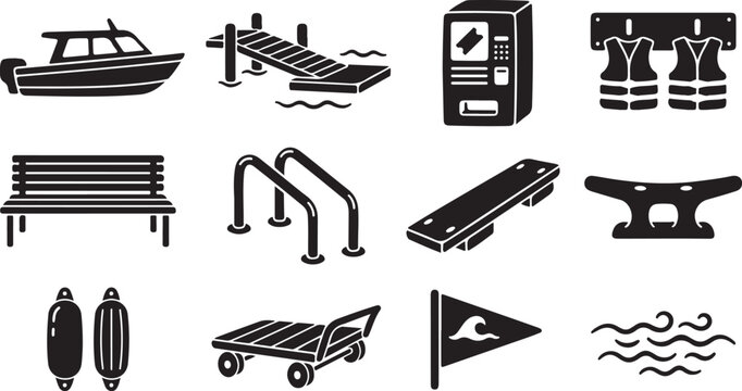 Set of black nautical and marina featuring a motorboat, wooden dock, ticket machine, life vests, park bench, pool ladder, diving board, boat cleat, fenders, cart, and wave flag