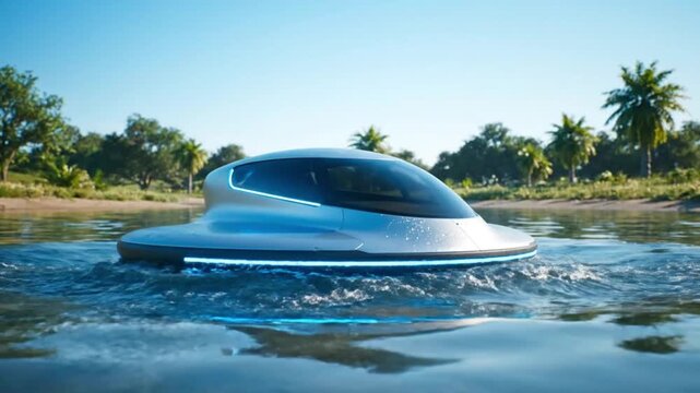 Futuristic Flying Car Lands on Tropical Water Surface.