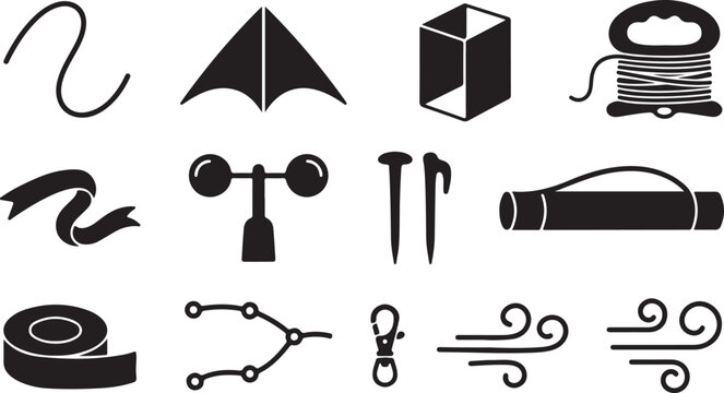 Set of black silhouette featuring a curved line, tent, cube, spool of string, ribbon, anemometer, tent pegs, carrying case, tape roll, clip, and wind symbols on white background