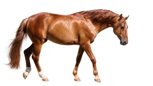 Chestnut horse with white socks walking gracefully