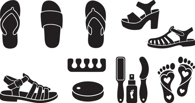 Set of black silhouette featuring various types of summer footwear including flip flops, sandals, platform heels, and pedicure tools like toe separators, foot files, and heart