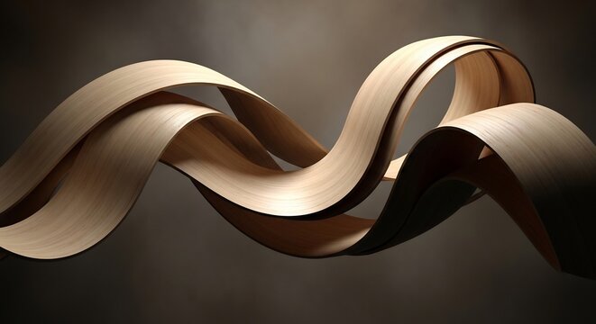 Flowing brown ribbon sculpture floating in dark setting