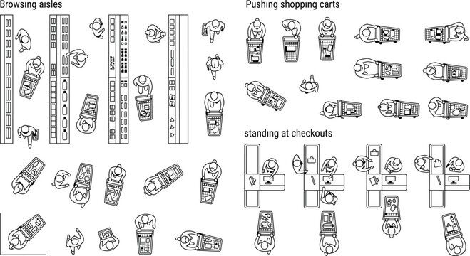 Top view of people shopping in a supermarket with carts and at checkout counters