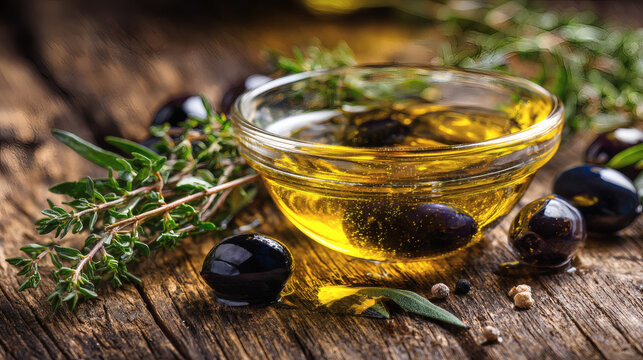 Golden extra virgin olive oil in a clear glass bowl surrounded by fresh dark olives and green herbs resting on a rustic wooden table with warm natural light