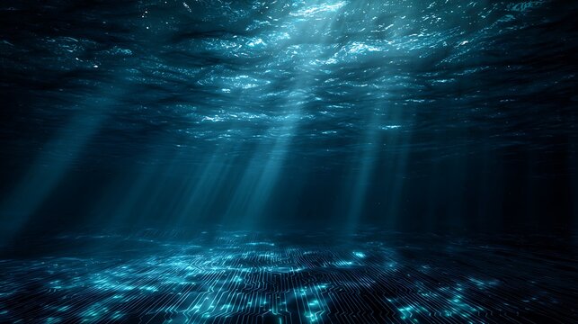 Futuristic digital circuit board on ocean floor with glowing light rays filtering through deep blue water surface representing advanced technology data storage