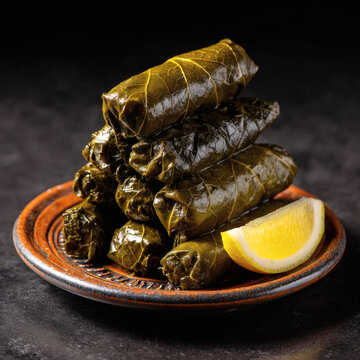 Traditional stuffed grape leaves dolma filled with seasoned rice and herbs stacked neatly on a rustic ceramic plate with a fresh lemon wedge against a dark textured surface