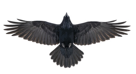 Fototapeta premium Common raven in flight detailed feather texture on a white background