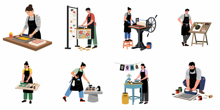 Set of diverse artists and printmakers working on various manual printing techniques and processes in their studios, flat vector illustration isolated on white.