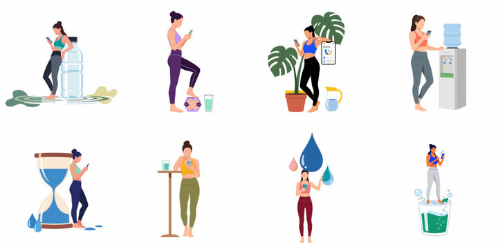 Set of flat illustrations showing young women in sportswear using mobile apps to monitor their daily water intake and hydration goals.