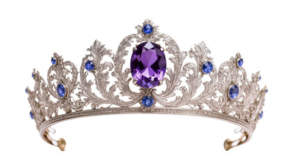 Ornate silver tiara with large oval amethyst and blue sapphire gemstones © Sarah