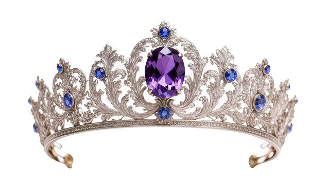 Ornate silver tiara with large oval amethyst and blue sapphire gemstones