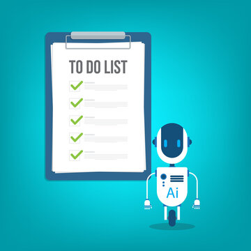 Robot with artificial intelligence and to do list. Successful execution of business tasks at the office.	