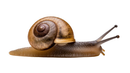 Garden snail with brown spiral shell on white © Niklas