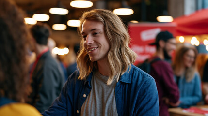 Obraz premium Crowd scene at a community charity activation event tied to a cause marketing partnership, volunteers and attendees engaging with branded information displays inside a modest neighborhood venue with