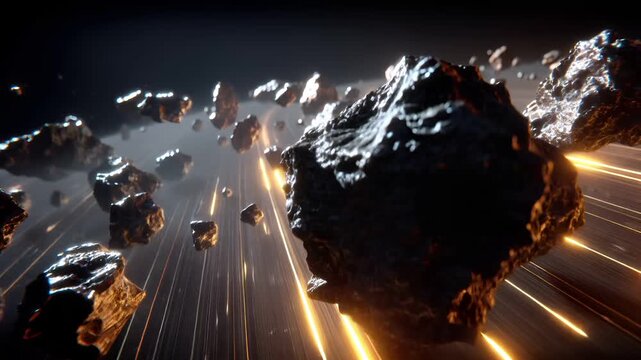 Space universe exploration, fantasy, mysterious. A vivid, highresolution digital artwork depicts a chaotic scene of asteroids in motion. The asteroids are depicted in various sizes and shapes.