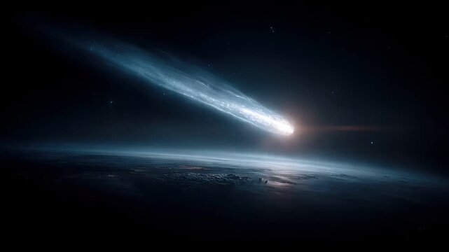 Space universe exploration, fantasy, mysterious. A vivid, atmospheric depiction of a celestial scene. A radiant, ethereal light source, resembling a comet or meteor, illuminates the dark.