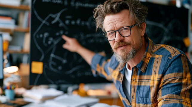 Linguist pointing to Proto-Indo-European phoneme reconstruction chart mounted on chalkboard, etymology research workspace filled with comparative grammar manuscripts, language origin study session, 