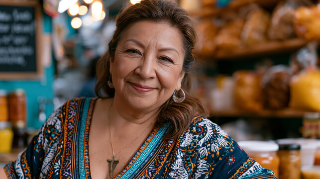 Mexican-American entrepreneur behind the counter of her thriving East Los Angeles specialty food business, shelves stocked with imported regional ingredients, a framed SBA loan approval certificate 