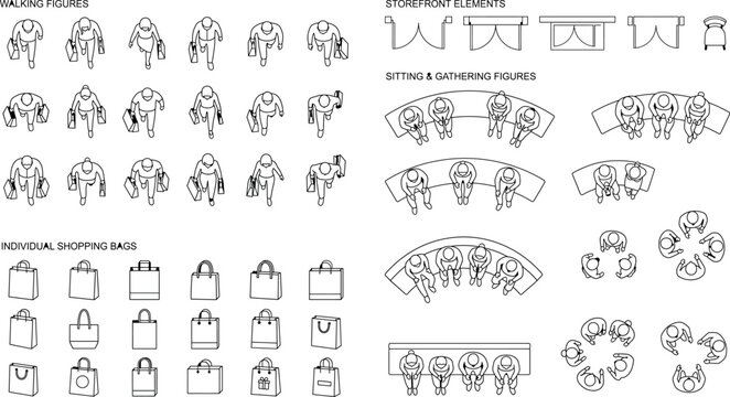 Set of architectural top view people, shopping bags and storefront elements