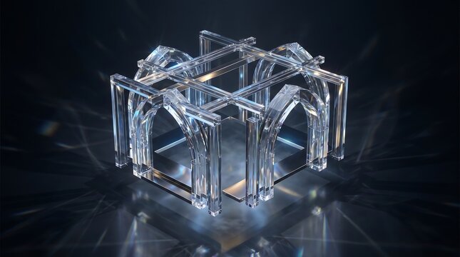 Abstract geometric ice crystal formation with intricate frost patterns on dark reflective surface