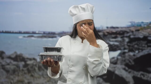 Hispanic woman chef holding stacked foil takeout containers pinches nose at a foul smell in studio; food spoilage disgust.