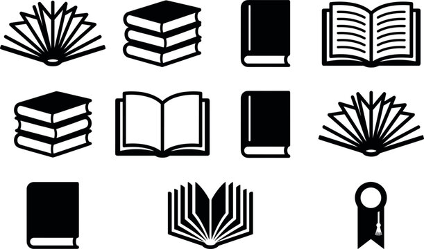 Black Solid Book and Education Icon Set with Open Stacked and Closed Volume Symbols for School Libraries Online Learning and Literary Projects