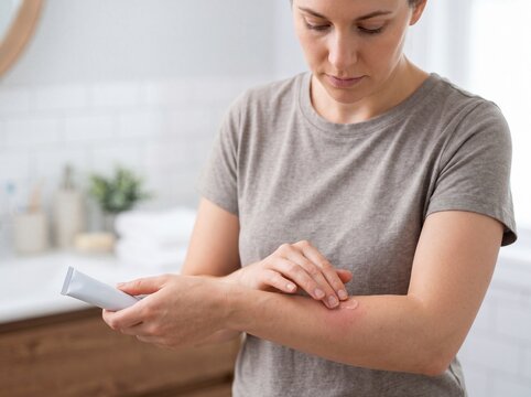 Woman applying cream to forearm after insect bite for skin irritation relief and gentle skincare banner