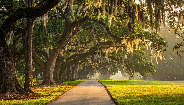 Sunlight filters through moss-draped oak trees lining a paved pathway in a park, creating a serene and inviting atmosphere