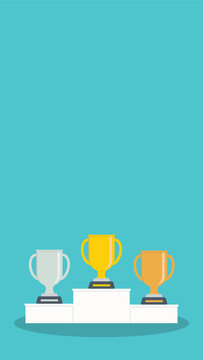 Podium winners. Gold, silver and bronze cups on podium. Vector illustration	