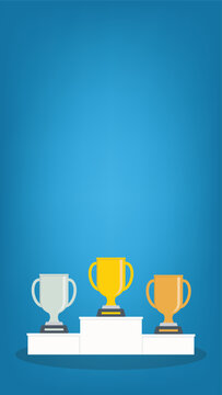 Podium winners. Gold, silver and bronze cups on podium. Vector illustration	