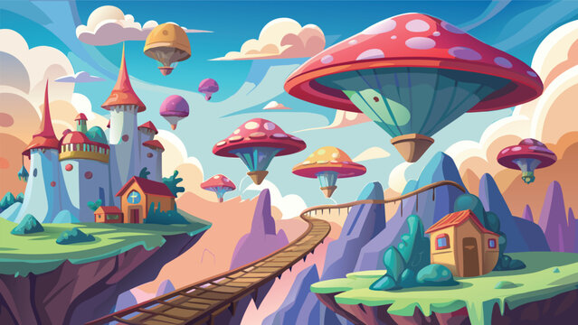 Whimsical mushroom hot air balloons ascend over a fantasy castle landscape during a vibrant sunset with rolling clouds